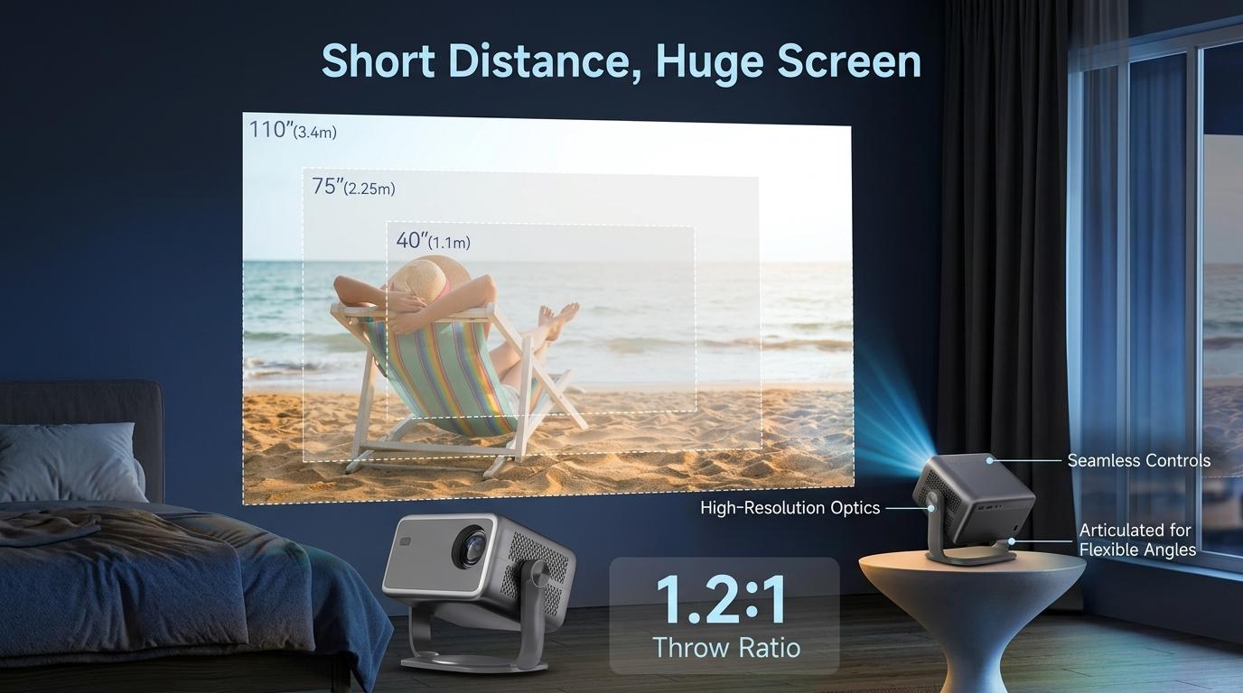 Android 14 Smart Projector 800 ANSI, Native 1080P, WiFi Bluetooth, Auto Focus/Keystone/Object Avoidance, Built-in Apps, 180 °   Gimbal Stand, 8K Home Cinema & Outdoor Gaming