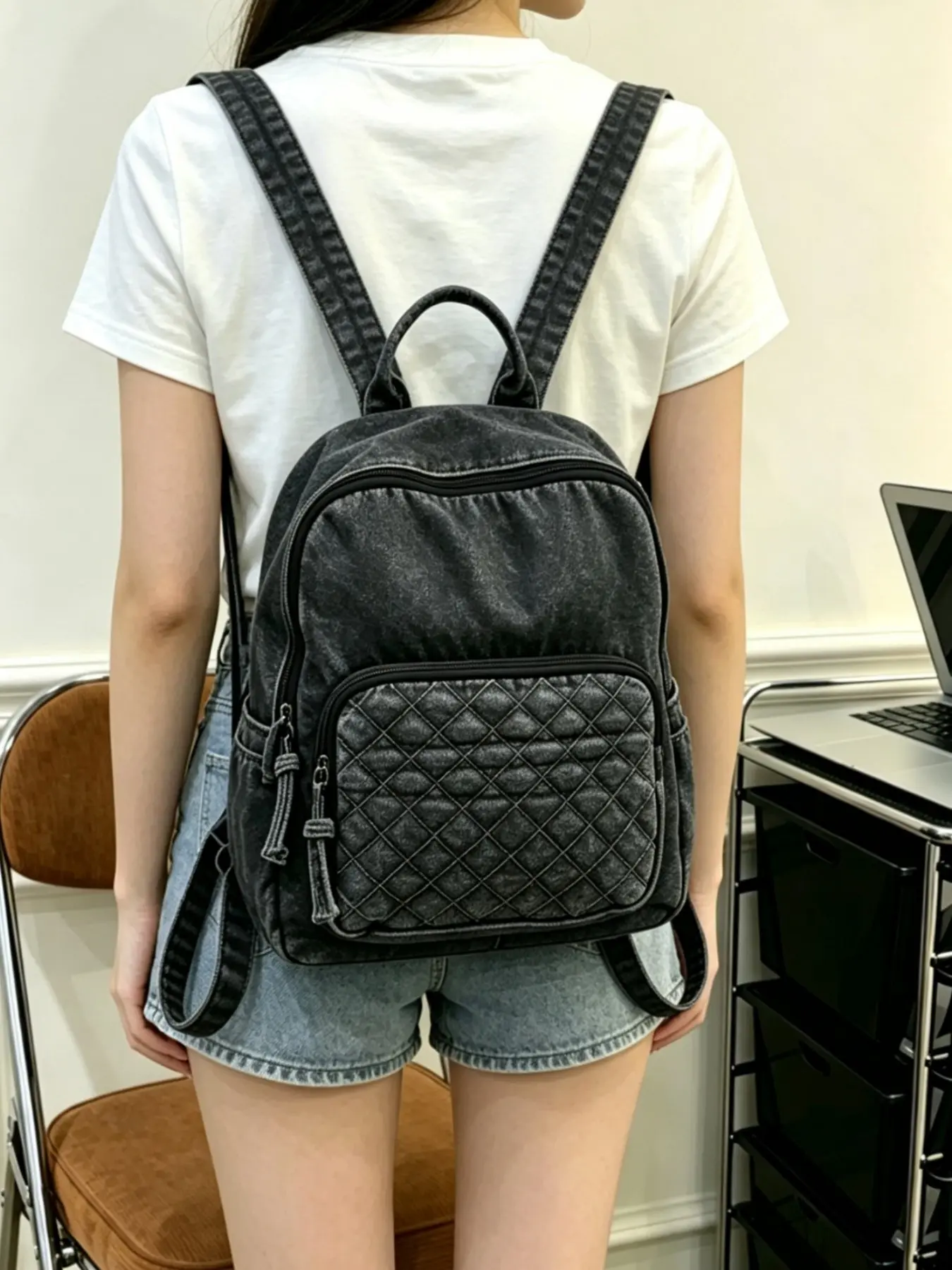 Quilted Multi-Pocket Backpack, Preppy Style, All Seasons, Fabric Material, Unisex Design, Ideal for Daily Use & Travel