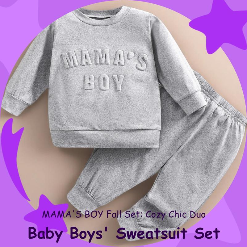 Men's Fall Winter Casual Long Sleeve Round Neck Sweatshirt & Pants Set, Mama's Boy Embroidered Design, Perfect for Daily Wear