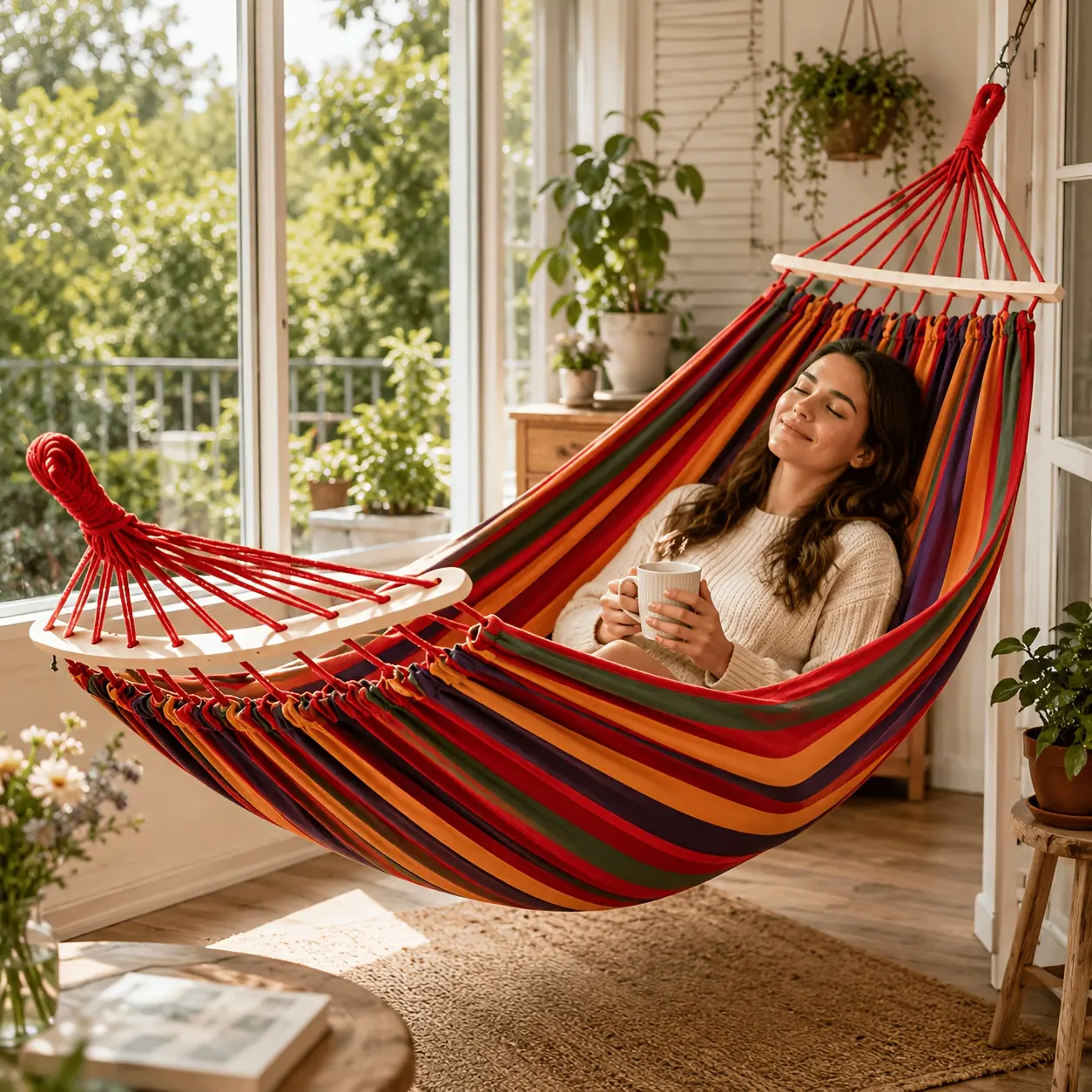Red Striped Double Hammock - Portable Folding Camping Bed Hammock with 2 Thick Ropes & Carrying Bag for Quick Setup, Ideal for Backyard, Camping Use, Folding Camping Bed Hammocks