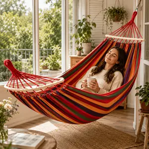 Red Striped Double Hammock for Outside, Portable Foldable with 2 Thickened Ropes & Carrying Bag for Quick Setup, Ideal for Backyard, Camping, Beach Use