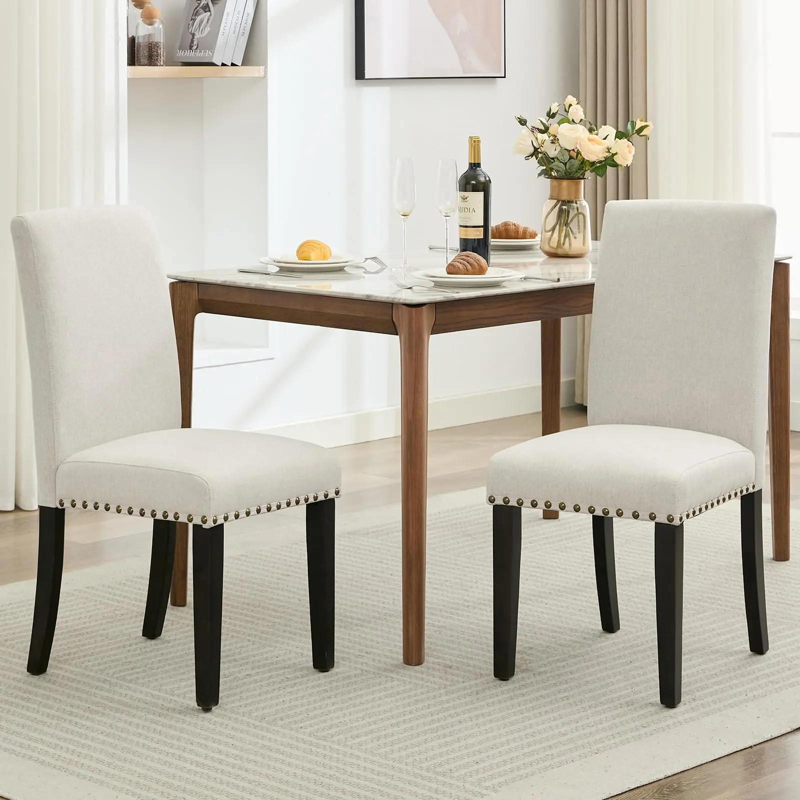 Ergonomic Upholstered Linen Parsons Dining Chairs (Set of 2) - Modern Style, Curved Back, Nailhead Trim, Sturdy Rubber Wood Legs, 265 lbs per Chair, 37.2 x 17.5 x 22.2 inches, Anti-Slip Rubber Pads, Easy Assembly, Easy to Clean, Ideal for Family Meals