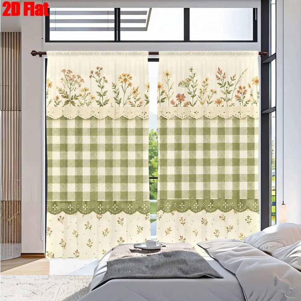 2D Flat 2Pcs Gingham Floral Tier Curtains for Kitchen Window Farmhouse Style with Lace Trim, Spring Summer Decor, Delicate Print, Country Cottage Aesthetic, Room Divider