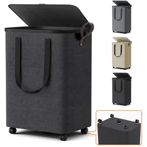 Laundry Basket with 5 Wheels, Tall Dirty Laundry Hamper, Rolling Laundry Basket with Lid, Collapsible Clothes Hamper for Bathroom Bedroom Dorm Laundry Room, Deep Gray, 75L