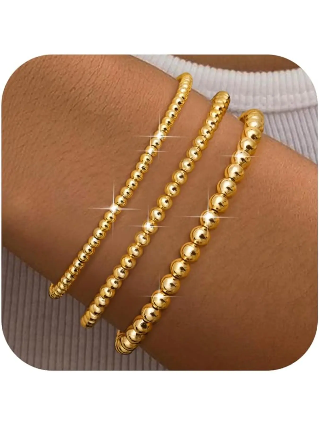 Bracelet for Women, Dainty 18k Gold Plated Bead Bracelet, Stretchable Elastic, Waterproof, Adjustable, Jewelry Set