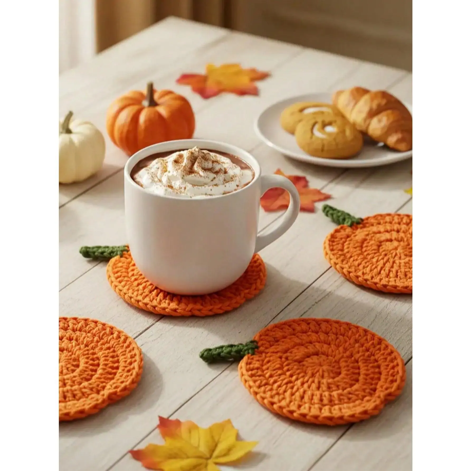 4-Pack Handmade Crochet Pumpkin Coasters, Absorbent & Rustic Farmhouse Decor for Kitchen, Ideal for Fall, Halloween, and Thanksgiving, Indoor, Protects Surfaces, Round, Coaster Set, 4Pcs, Room Decor, Drink Coasters tiktokshopbacktoschool