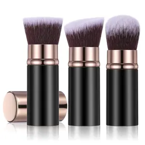 3 Pack Retractable Travel Portable Kabuki Makeup Brushes, Foundation Powder Brushes for Blending Liquid Blush Bronzer Buffing Cosmetics, Black Gold