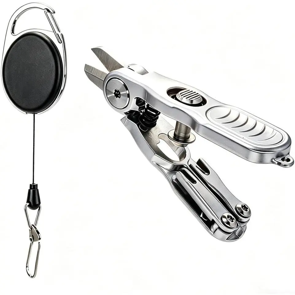Portable Fishing Line Cutter with Retractors, Hook Eye Cleaner, and Knot Tying Tool - Stainless Steel Braided Line Scissors for Mono and Fluoro LinesGift