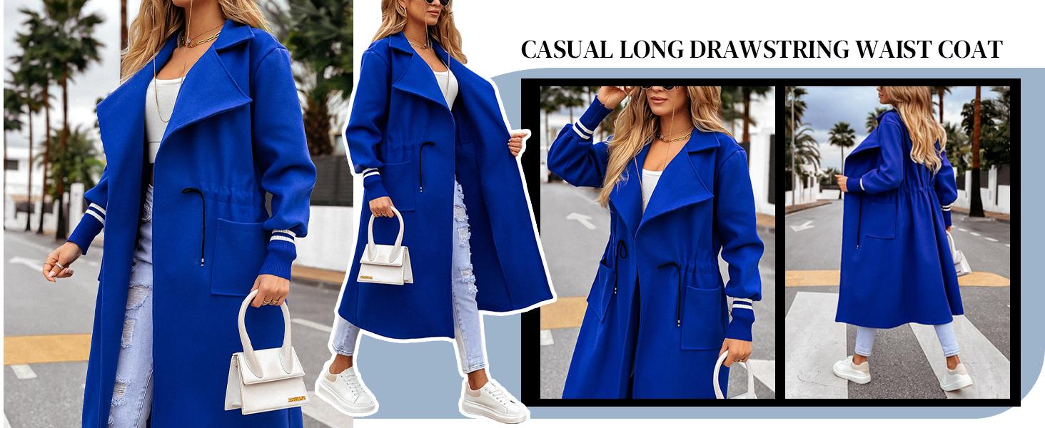 FMEYOA Women Coat Pocket Casual Drawstring Waist Open Front Classic Lapel Overcoat M7P162