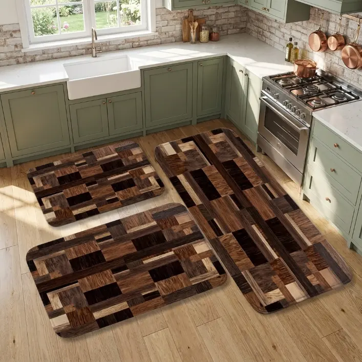 1/2/3pcs Wooden Square Flannel Soft Kitchen Rugs Non Slip Washable, Throw Rug, Non-Skid Runner Rug, Floor Mat, Doormat, Living Room Laundry Bathroom Water-Absorbing Mat Set, Area Rug, Decor