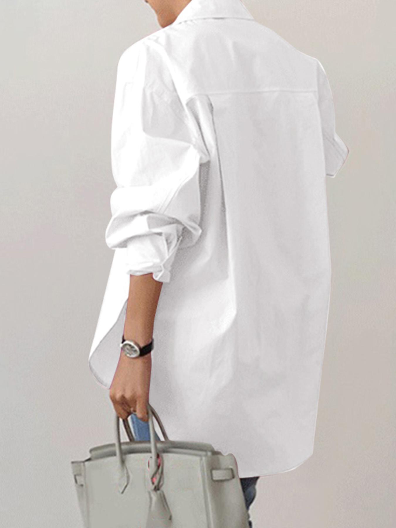 Women's Plain Button Front Drop Shoulder Shirt Blouse, Casual Loose Long Sleeve Collared Top for Fall & Winter, Quality & Durable Women's Clothing for Daily Wear