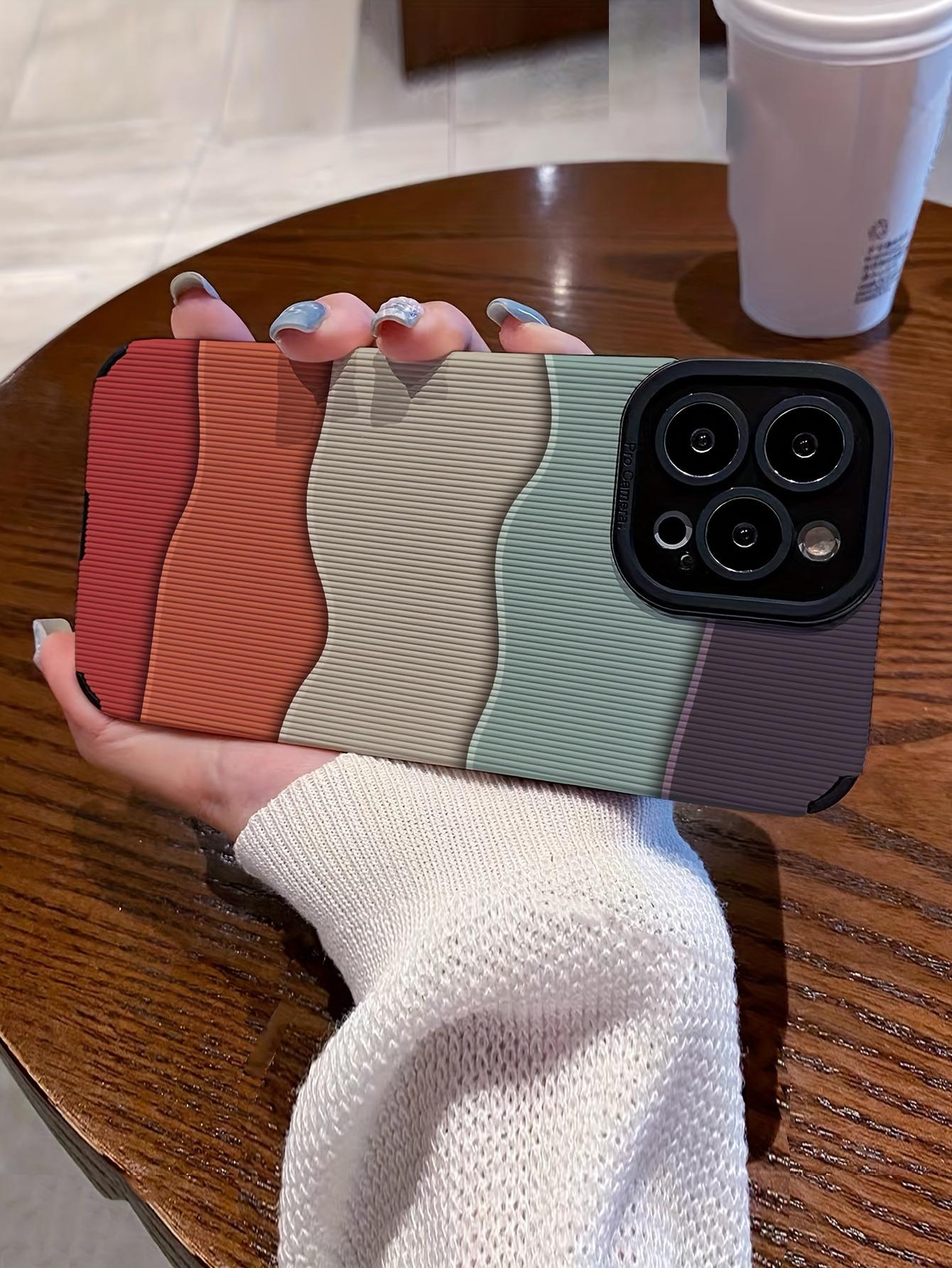 Fractured Color Block Wave Phone Case With Handle, Striped Texture Protective Cover Compatible With Smartphones 11-17 Series