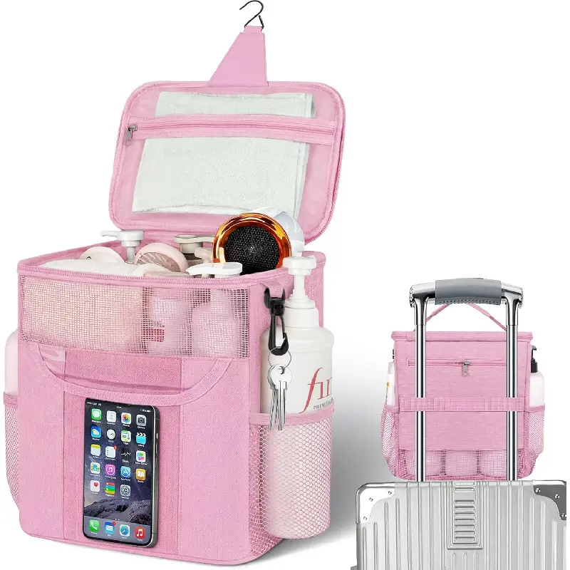 Shower Caddy Portable for Dorm Room Essentials, Hanging Shower Bag for College, Large Capacity Mesh Shower Caddy for Bath Essentials (Light Pink)