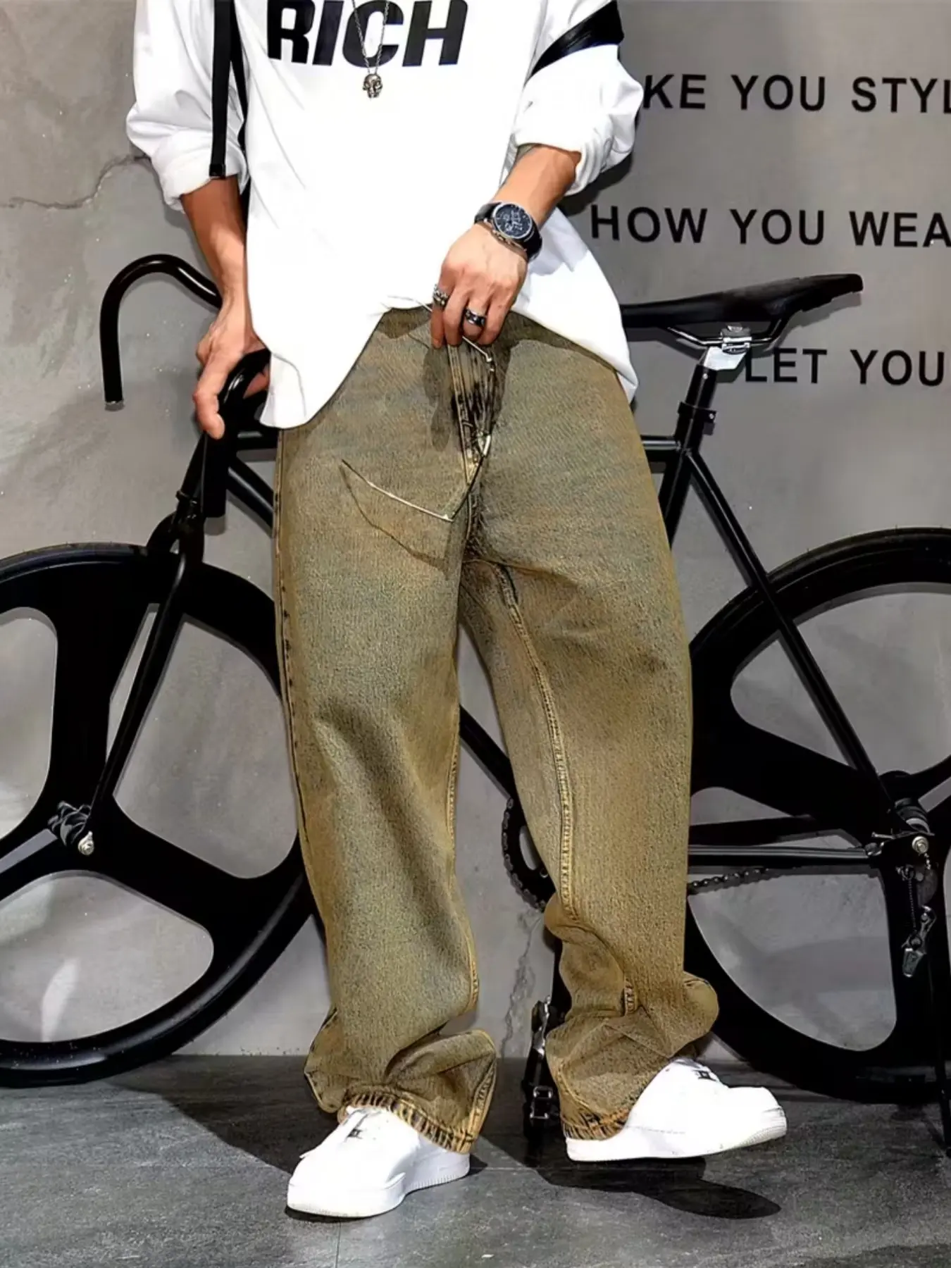 Men's Loose Wide Leg Casual Jeans, Straight Fit Comfortable Work Pants, No Belt Long Pants, Ideal for Daily Wear and Labor