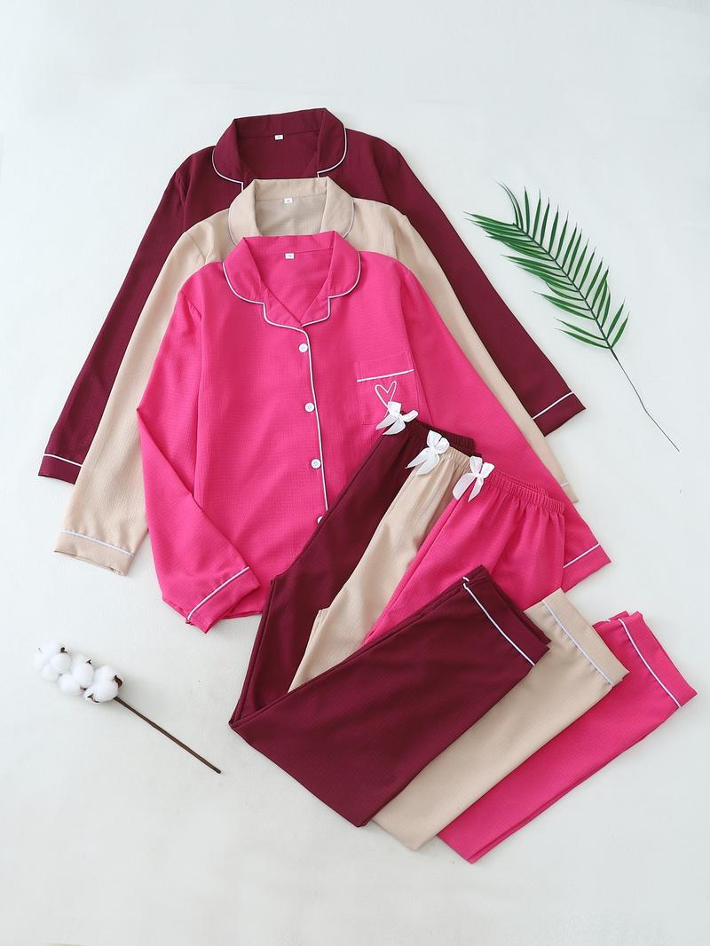 Women's Heart Embroidered Comfy Loungewear Pjs Lounge Co-ord Set, Casual Pajamas Set