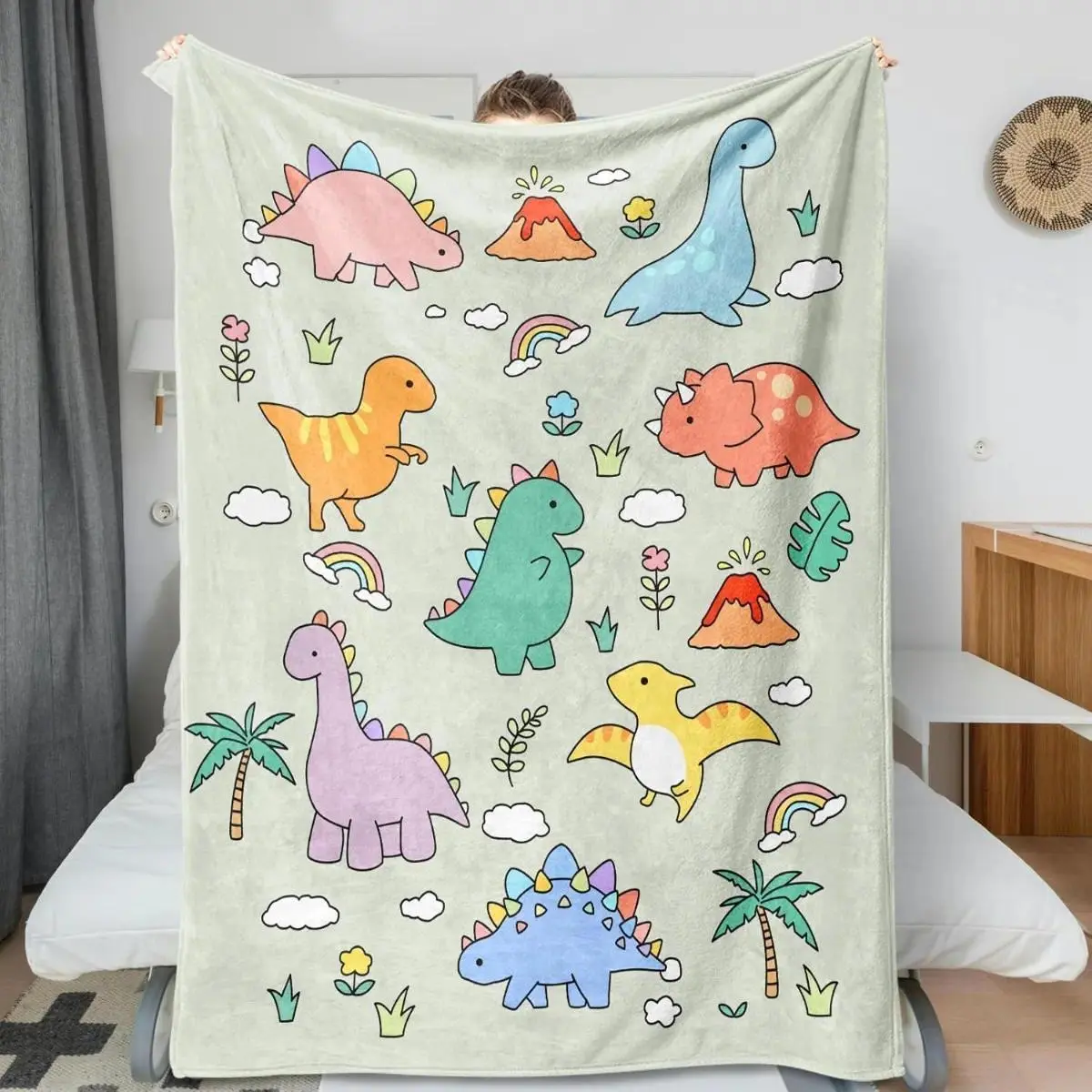 Cute Dinosaur Flannel Fleece Blanket for Kids - Soft Warm Cozy Cartoon Dino, Volcano & Rainbow Print Throw Blanket for Beds and Outdoor Camping