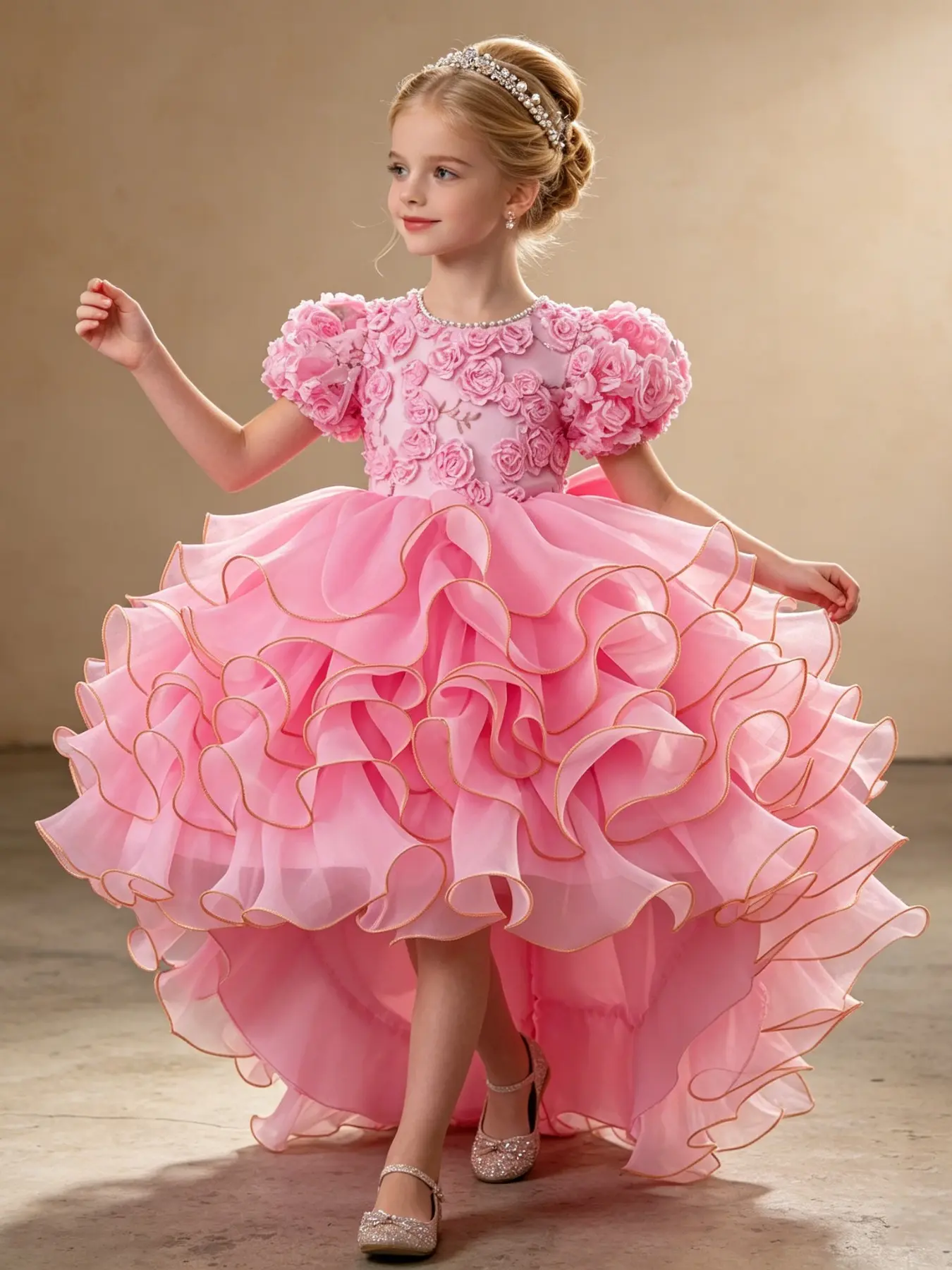 New Embroidery Dress Rose Embroidered Bow Cake Skirt Tail Party Hostess Costume, Floral Pattern All Seasons Kids Clothing Little Girl Dress