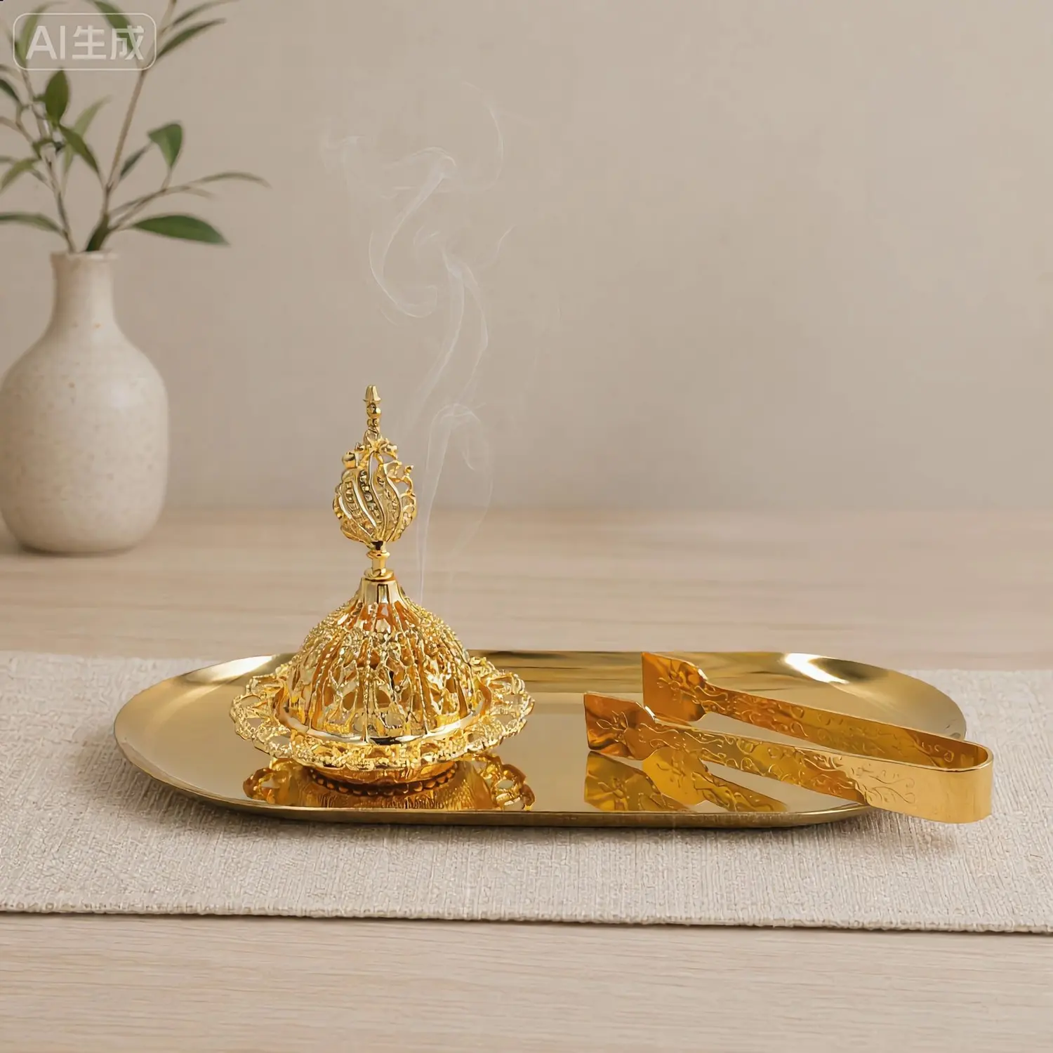 Gold Metal Hollow Incense Burner Tray Set, Luxury Arabian Style, Includes Burner, Decorative Tray & Tongs, Perfect for Ramadan Prayer Room, Living Room Decor & Wedding Gift & Daily Bedroom Fragrance, Bakhoorburner