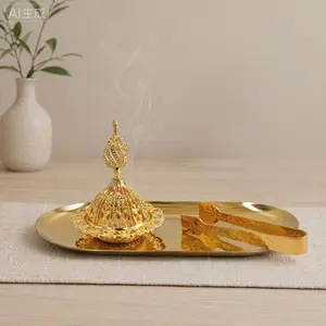 Gold Metal Incense Burner Tray Set, Luxury Arabian Style, Includes Burner, Decorative Tray & Tongs, Perfect for Ramadan Prayer Room, Living Room Decor & Wedding Gift & Daily Bedroom Fragrance