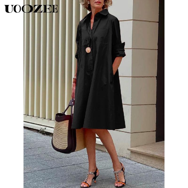 UOOZEE- LIVE Women's Long Sleeves Solid Color Lapel Maxi Dresses Midi Dresses Summer White UOOZEE- LIVE Women's Long Sleeves Solid Color Lapel Maxi Dresses Midi Dresses Summer White