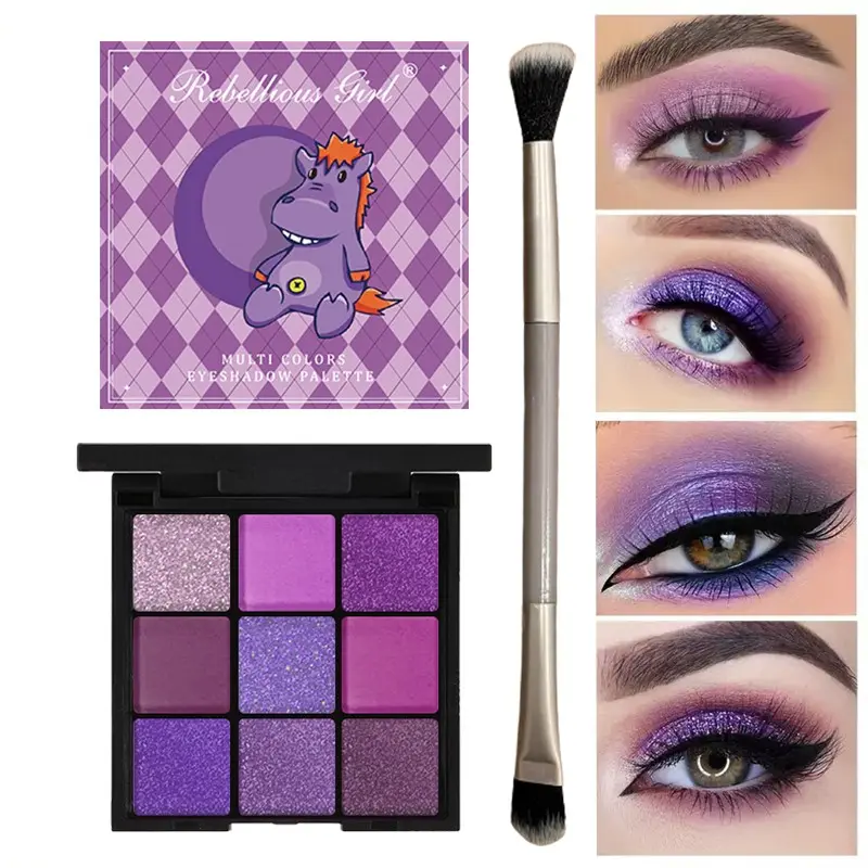 Eye Makeup Set, 9-color Purple Pearl Matte Eyeshadow Palette with Dual-Ended Brush Set, Long-lasting Non-Fading, Easy to Apply, Waterproof, Suitable for Daily Use, Music Festivals, Cosplay and Halloween, Ideal Gift