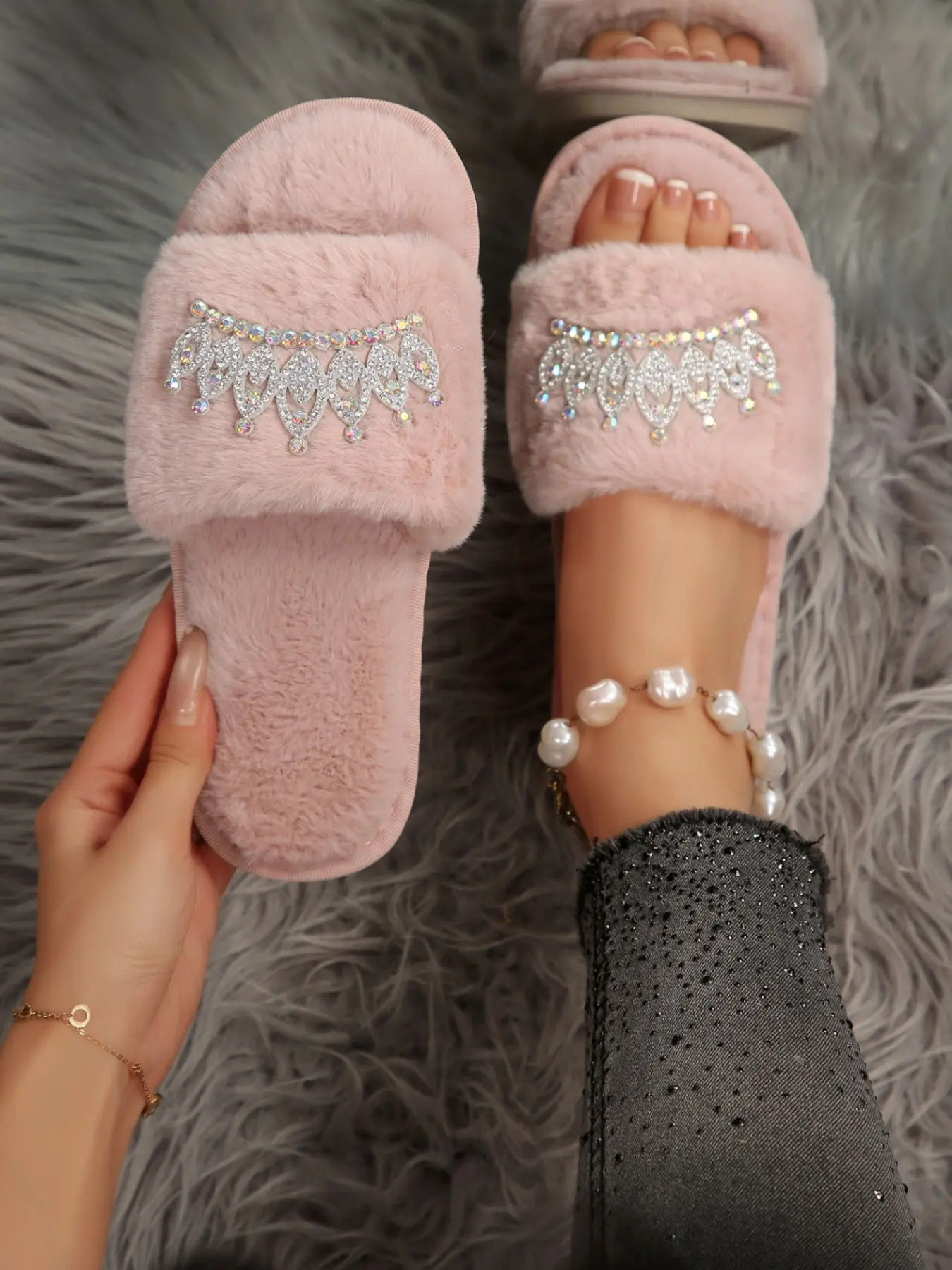 Velvet Slippers with Rhinestone Lace, Elegant Low Heel, Soft Eva Sole, Perfect for Home & Bedroom, Women's Comfortable Footwear