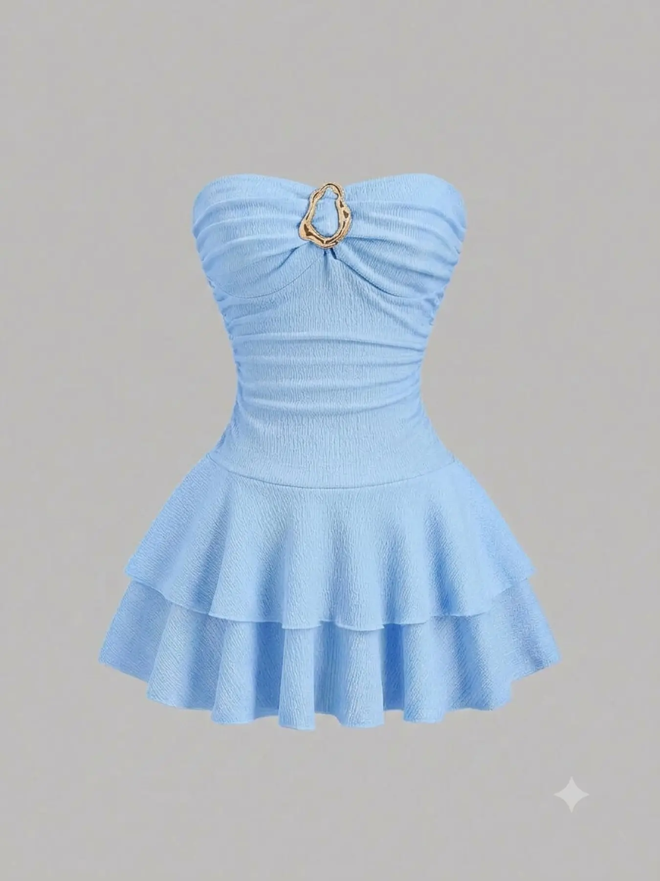 Metallic Buckle Mini Dress with Ruffle Design, Sweet Sky Blue Color, Perfect for Dates, No Strap Style, Elegant and Chic