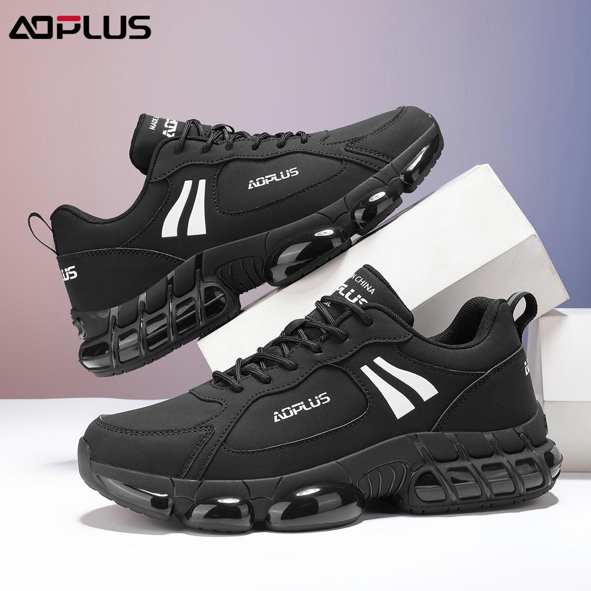 Black Samurai AOPLUS Sneakers: All-black cool style with white logo, air-cushion sole for soft cushioning, non-slip & durable for commute/light sports, comfy versatile & leg-lengthening, easy to wear daily!