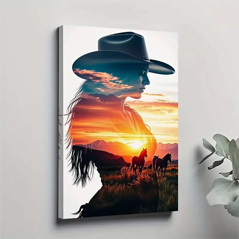 2DFlat Painting,A large painting of a western cowgirl and her horse - Solid wood frame canvas wall painting,11.8x 17.7inch (30x 45cm )Western landscape painting,With cactus and sunset,Hanging denim girl decoration,Suitable for Living Room,Bedroom,Office -