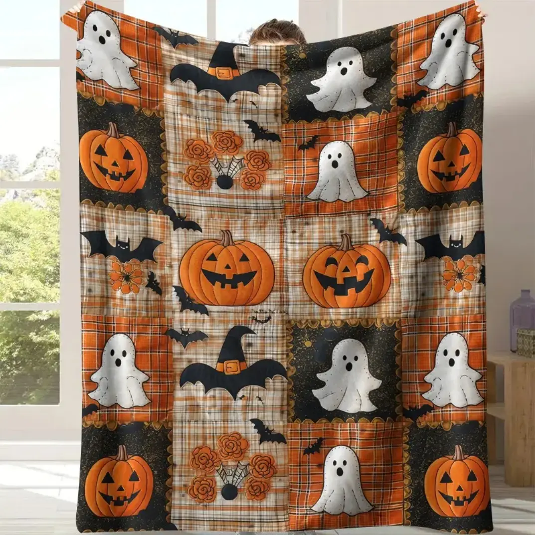 Vintage Patchwork Plaid Halloween Throw Blanket, Retro Rustic Soft Flannel Fleece Blanket, Multi-Size Cozy Blanket with Jack O'Lantern Ghost Witch Hat Bat Orange Grid Design, Fall Farmhouse Home Decor Gift for Adults Kids