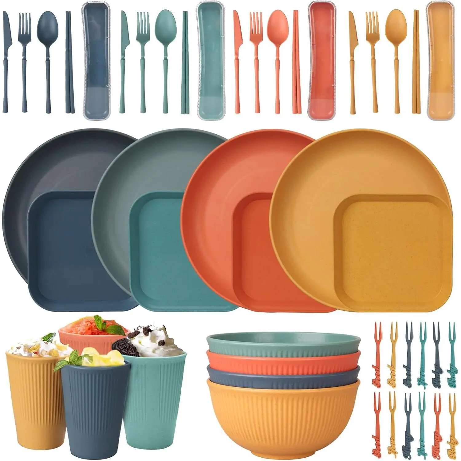 48 count Dinnerware Sets, Unbreakable Plates and Bowls Sets,  Dinnerware Sets for 4 People, Travel Camping Picnic  Party Cutlery Set, Dishwasher Microwave Safe Dishes