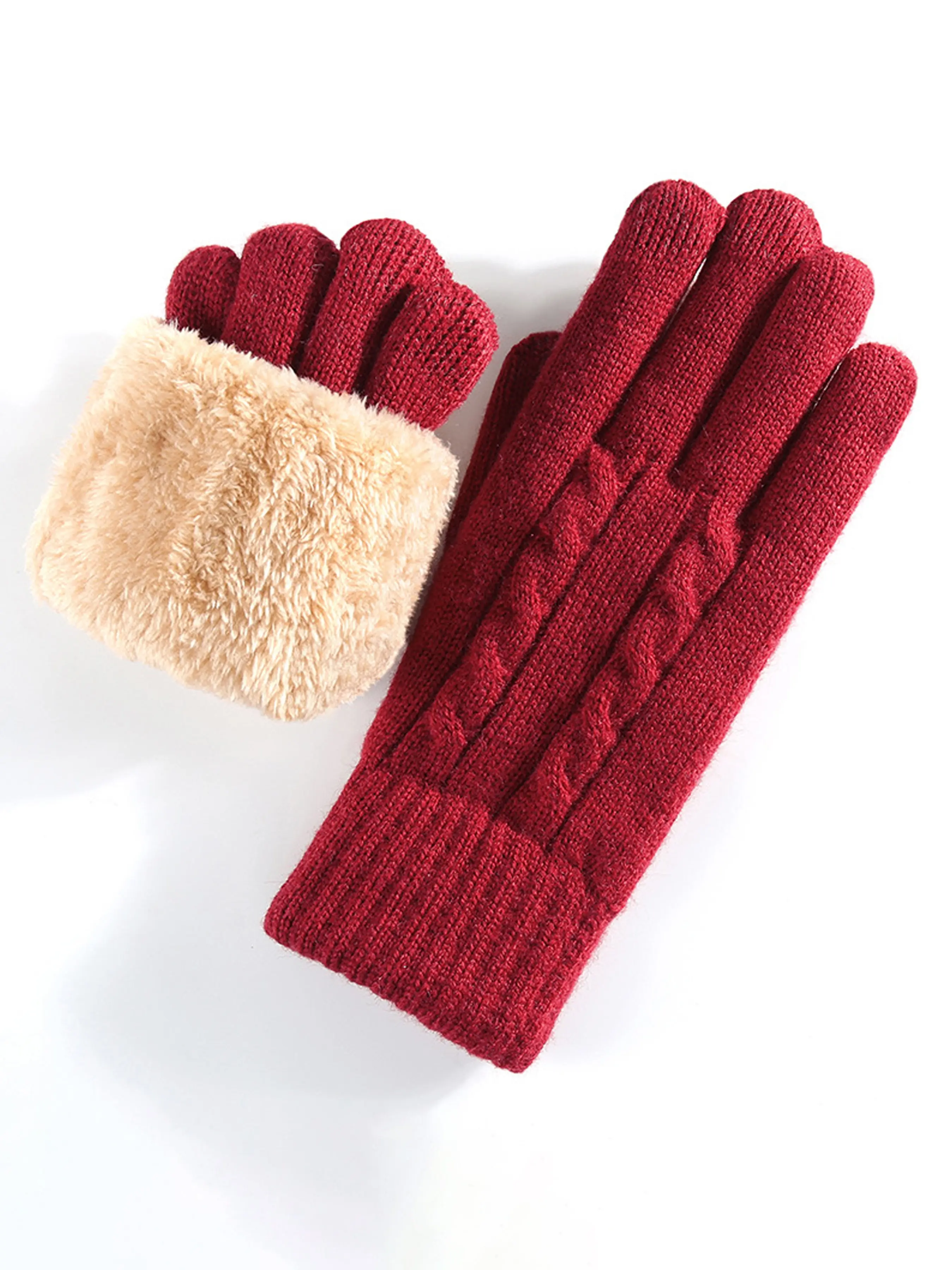 New Women's Knit Gloves, Winter Double Layer Fleece Thick Warm Anti-Cold Fashion Solid Color Touch Screen Gloves, Outdoor Five Finger Gloves