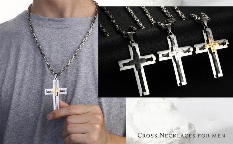 Fansilver Cross Necklace for Men Large Cross Chain Cross Pendant Byzantine Chain Necklace