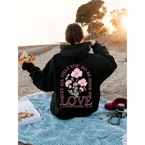 Let All That You Do Be Done In Love Floral Christian Hoodie, 270G Brushed Fleece 1 Corinthians 16:14 Pink Wildflower Vintage Graphic Hooded Sweatshirt, Religious Aesthetic Casual Pullover For Women