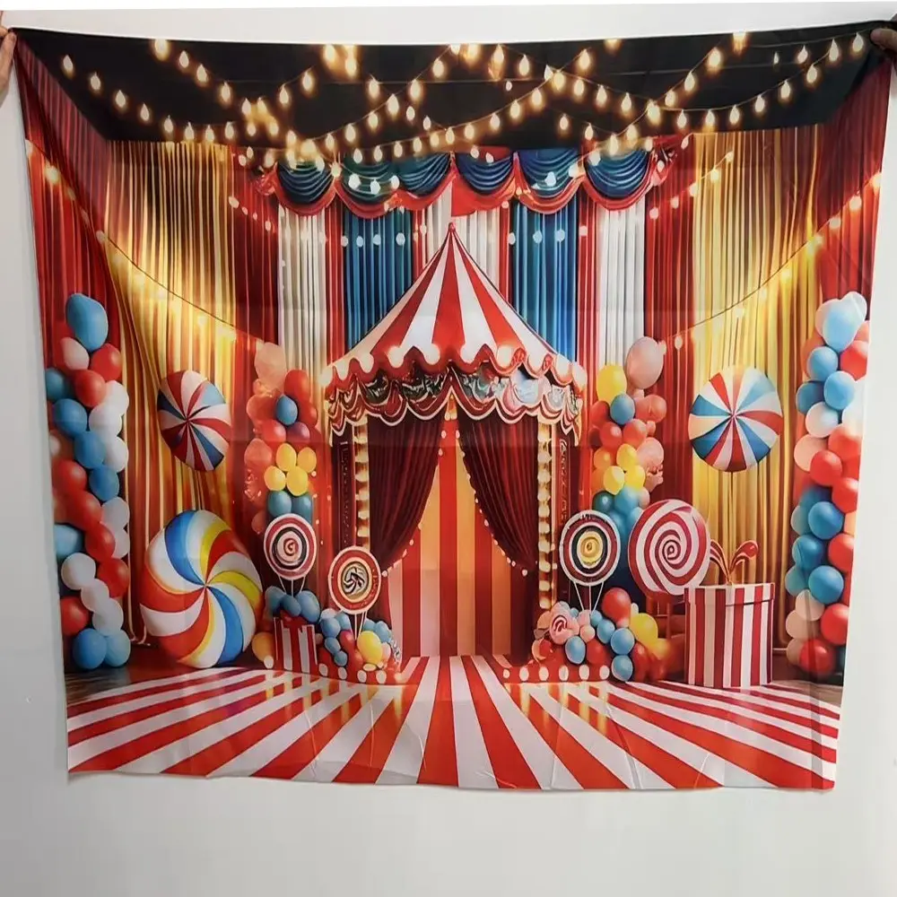 2D flat 1pc circus carnival themed background cloth, circus entrance scene, red and white stripes with giant lollipop elements, suitable for circus themed birthday parties, children's carnival activities, multiple sizes available, polyester material