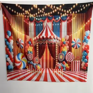 2D flat 1pc circus carnival themed background cloth, circus entrance scene, red and white stripes with giant lollipop elements, suitable for circus themed birthday parties, children's carnival activities, multiple sizes available, polyester material