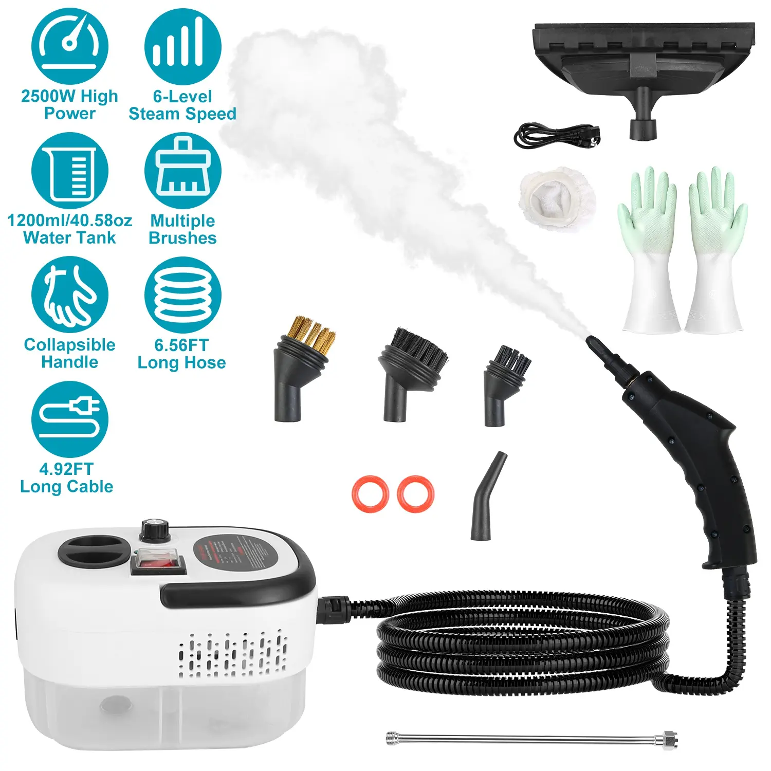 2500W Handheld Steam Cleaner, High-Temperature Pressurized Steamer with Gloves, Multi-Purpose Portable Steam Cleaning Machine for Car, Upholstery, Couch, Floor & Kitchen