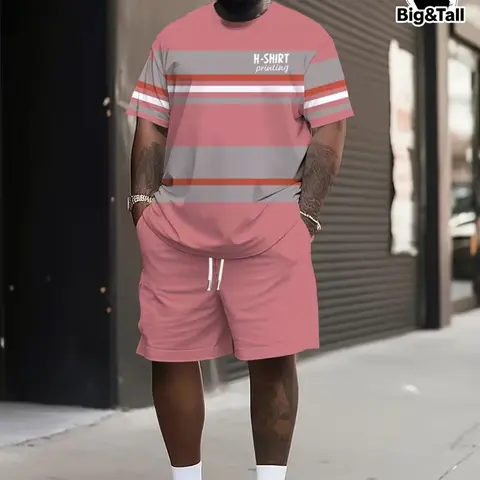 Men's Large Size 2-Piece Athleisure Sports Set, Athletic Workout Outfit, Breathable Casual T-Shirt and Shorts, 3D Print Loose-Fit for Outdoor Leisure All Seasons