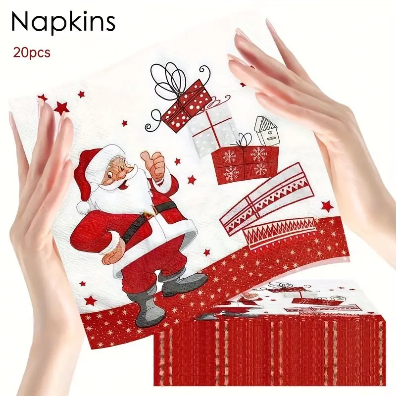 20 Sheets Single Fold Disposable Christmas Santa Claus Napkins, Perfect for Holiday Parties, Western Meals, Birthdays, Daily Use, Elegant Table Setting