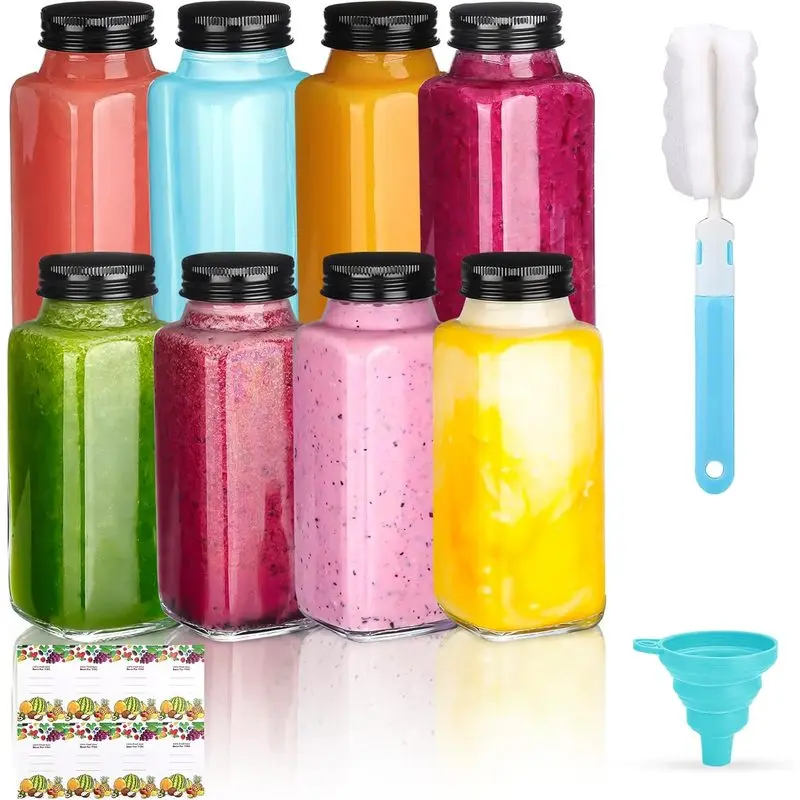 8 Pack 8 oz Glass Juice Bottles with Lids & Labels, Reusable Travel Juice Storage Containers, Clear Glass Drink Jars for Juicing, Water, Ginger, Wellness Shots - Leakproof, Dishwasher Safe