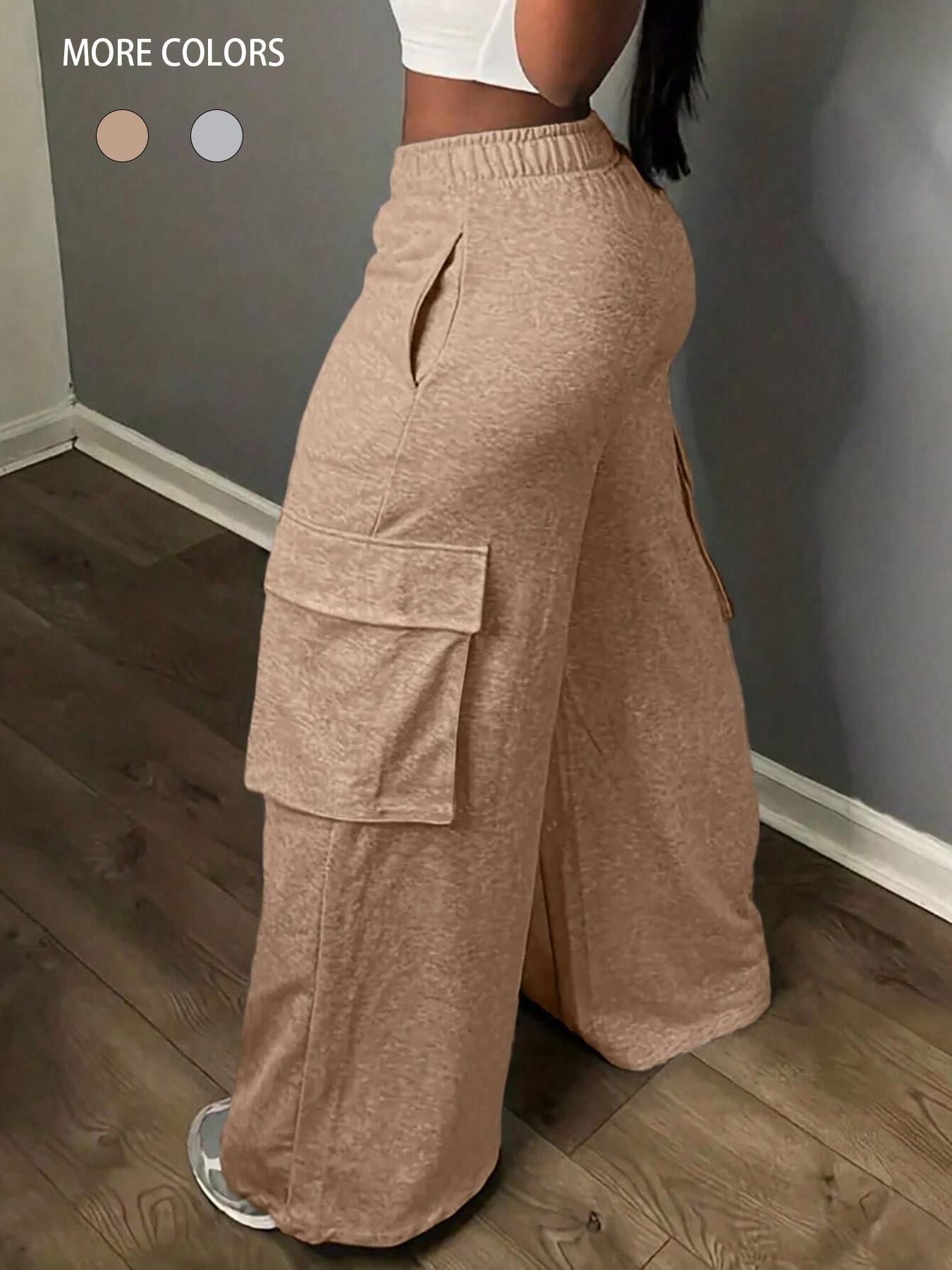 Women's Plain Flap Pocket Cargo Pants Knit, Casual Aesthetic Streetwear Wide Leg Trousers for Spring & Fall, Women's Bottoms for Daily Wear