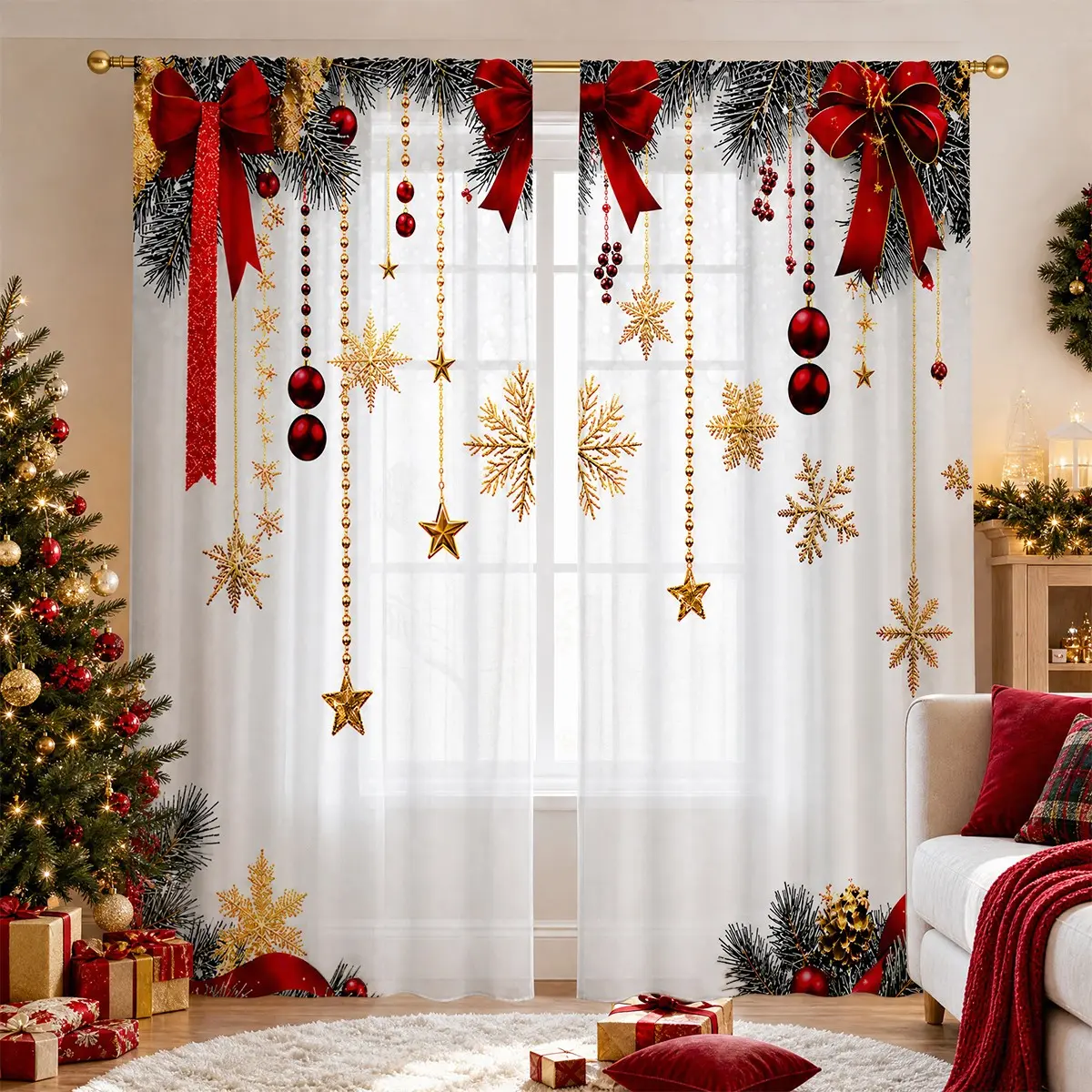 2pcs Luxury Christmas semi-blackout curtains with pine branch, bright red bow, beaded chain, gold ball, and snowflake decorations. Pocket rod installation, suitable for living rooms, bedrooms, etc.