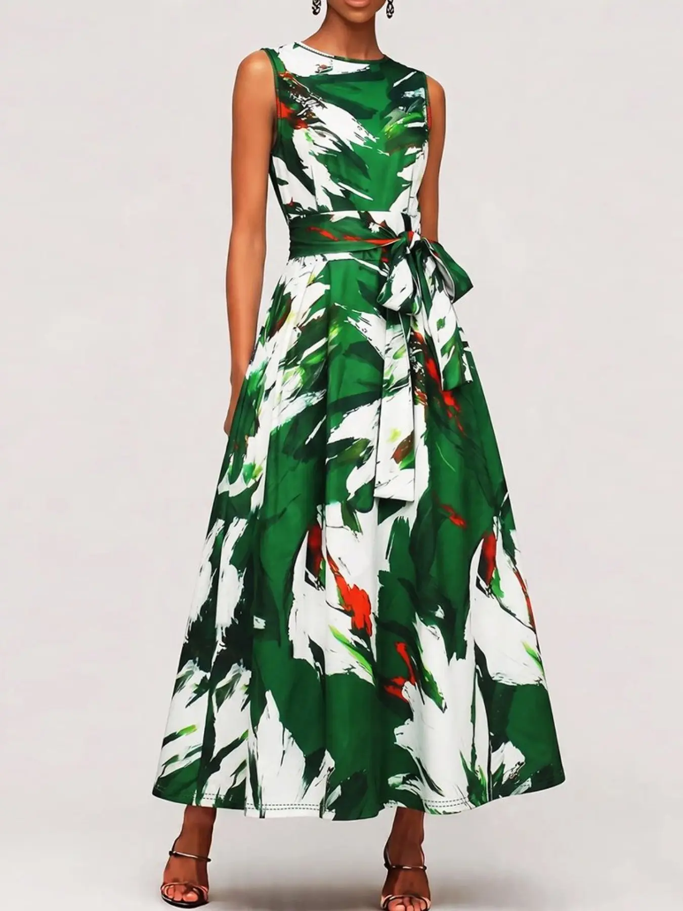 Women's Abstract Art Print Long Dress, Round Neck Sleeveless, Adjustable Waist Belt, Flowy A-Line Skirt, Full-Length, Casual Vacation Party Wear, Date Night Dresses