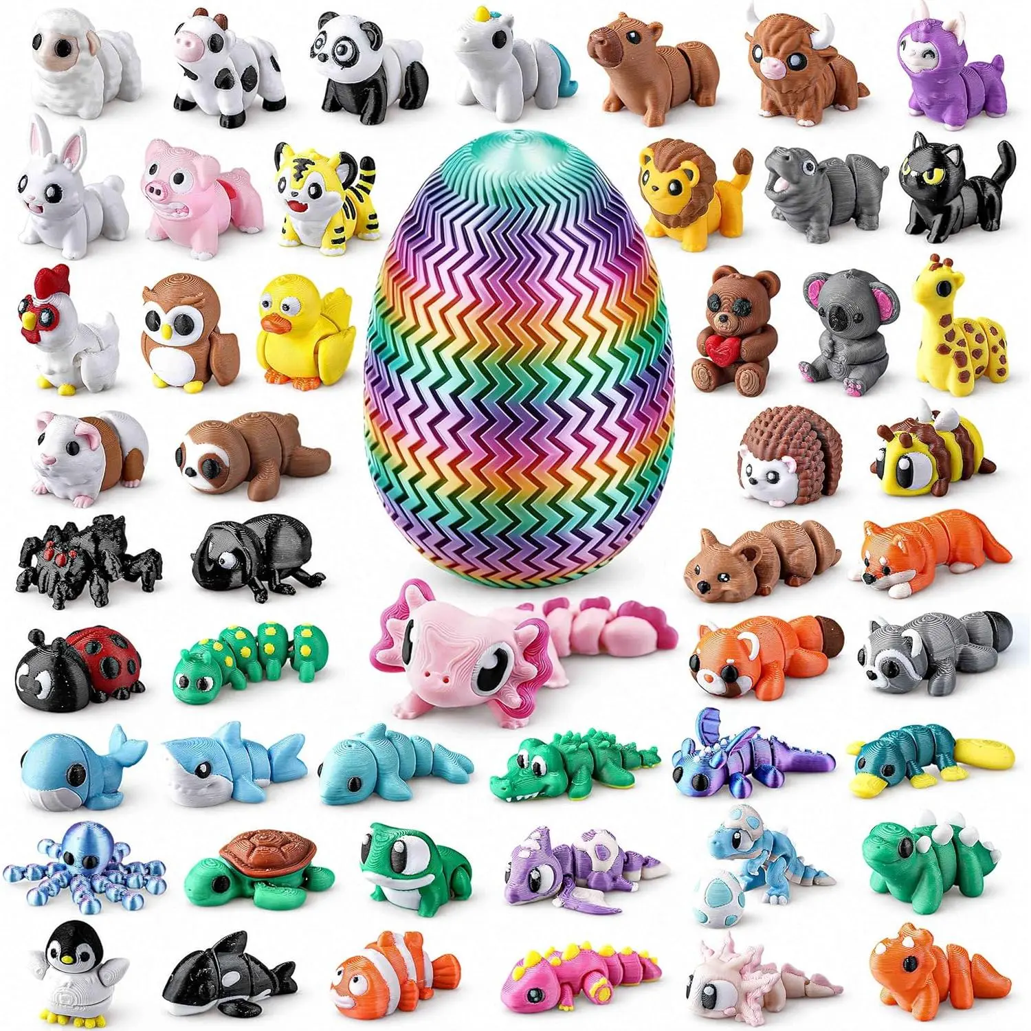 51PCS 3D Printed Animals Easter Basket Stuffers with 5.1” Jumbo Egg & Pink Axolotl, Articulated Animal Figurines for Desk Pets, Secure Twist-Lock Storage Egg, Stress Relief Collectiblesfidget toys