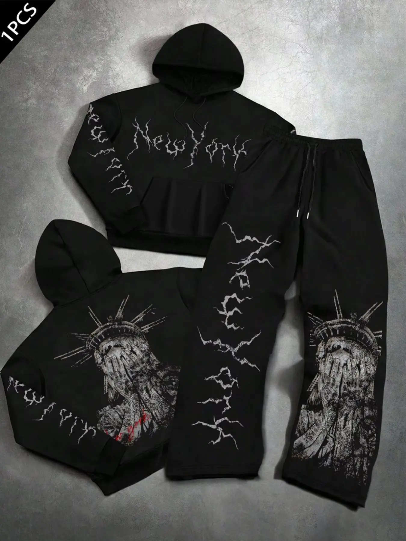 Men's Streetwear 2-Piece Hoodie & Pants Set with Statue & "New York" Print, Casual Drawstring Hooded Sweatshirt & Wide Leg Joggers for Hip Hop Style