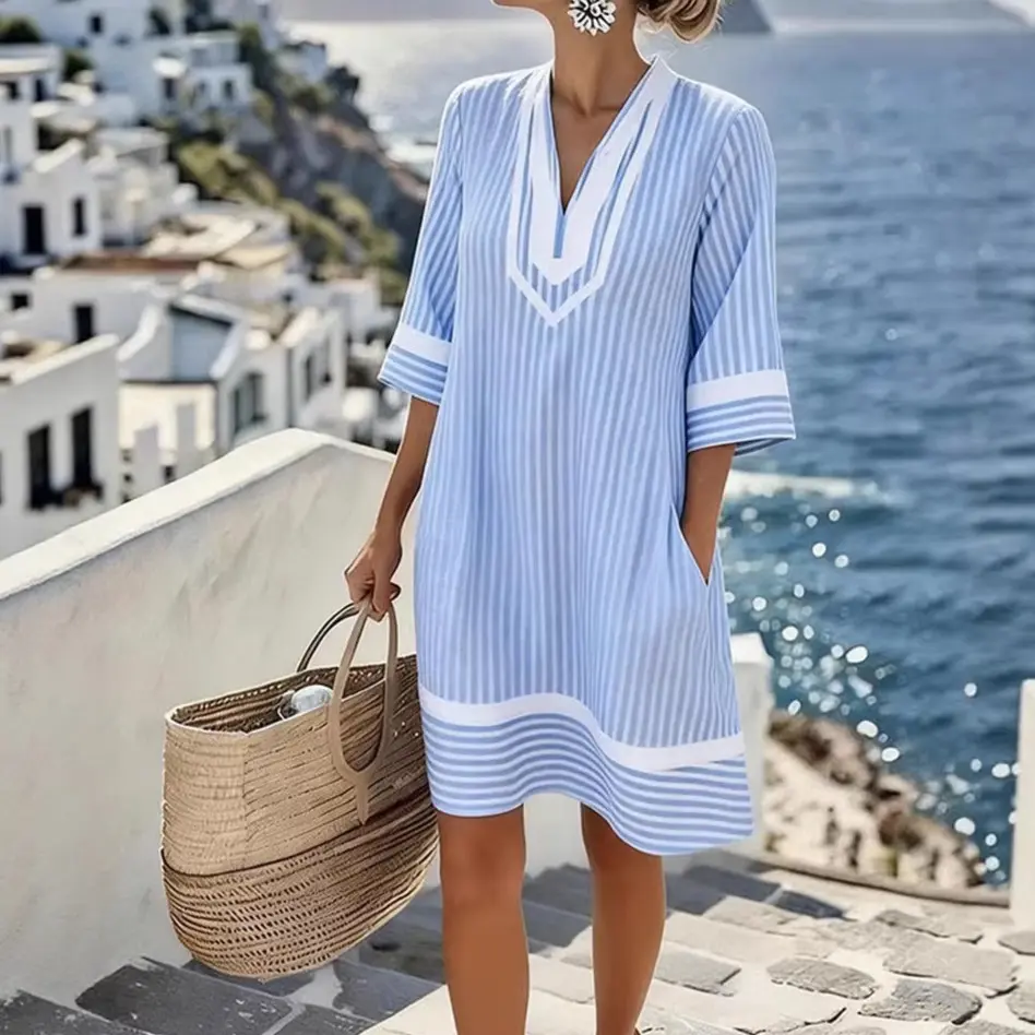 Women's Solid Color V-Neck Midi Swim Cover Up Dress - 3/4 Sleeve, White Contrast Trim, Loose Flowy, Side Pockets, Lightweight, Casual Summer Tropical Resort Beach Kaftan