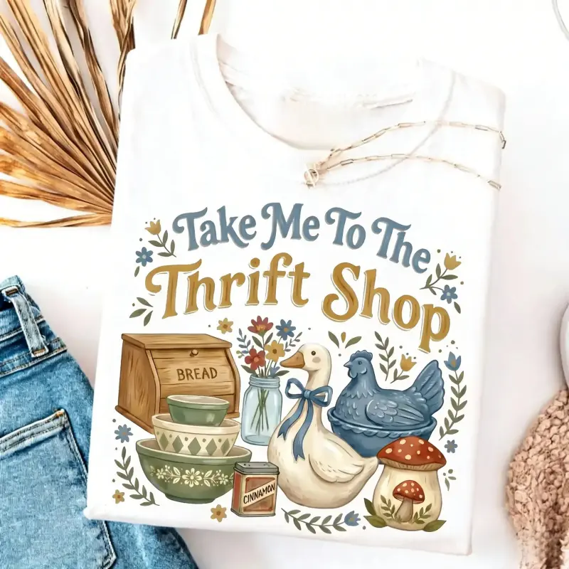 Women's Black Cotton "Take Me To The Thrift Shop" Graphic Sports Top - Cottagecore Duck Print, Casual Wear, Morning Coffee Vibe, Vintage S-XXXXL Summer Gift, Unisex Fit