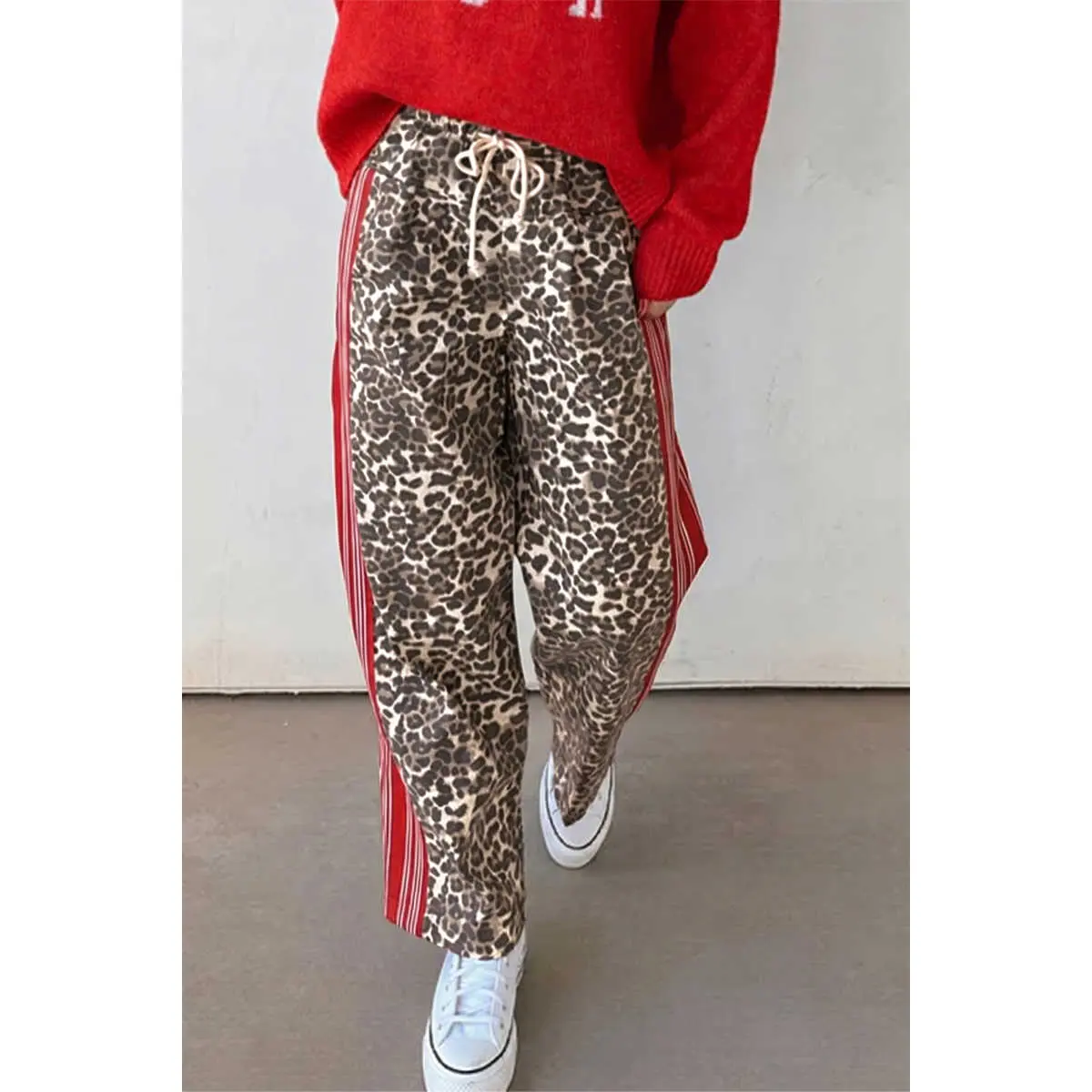 Brown Leopard Patchwork Elastic Waist Jeans