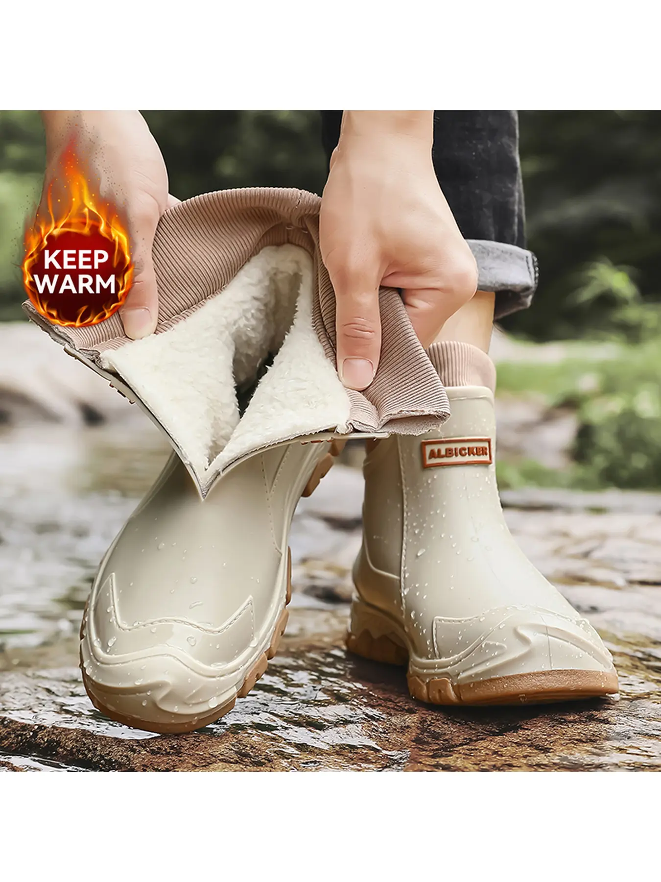 Unisex fleece-lined short waterproof rubber rain boots, Waterproof Insulated Boots, with thick warm plush lining, elastic knitted sock cuffs, wear-resistant and non-slip deep tread outsole, short winter boots, suitable for cold rainy days, snowy weather