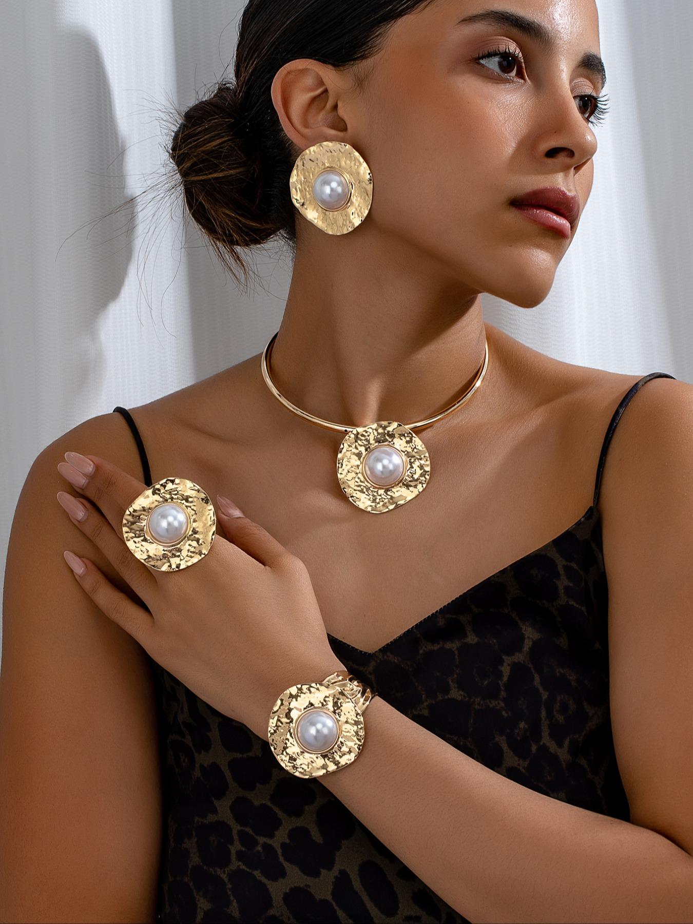 Faux Pearl Decorated Textured Metal Design Jewelry Set, Including Ring & Earrings & Bracelet & Necklace, Fashion Accessories for Women, Trendy All-match & Exquisite Jewelry for Birthday Gift